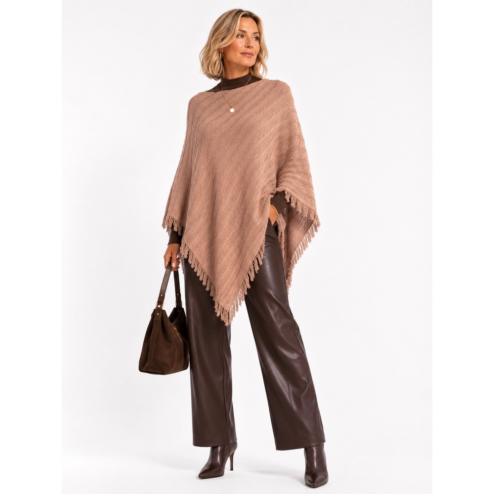 Boho Tan Cable Knit Fringe Trim Poncho Wrap Oshlen OS